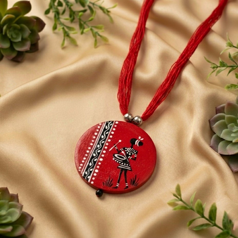 Hand Painted Teracotta Necklace And Earrings Set (Red And White) - Image 2