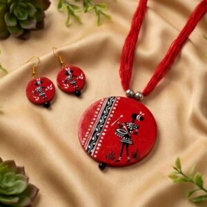 Hand Painted Teracotta Necklace And Earrings Set (Red And White)