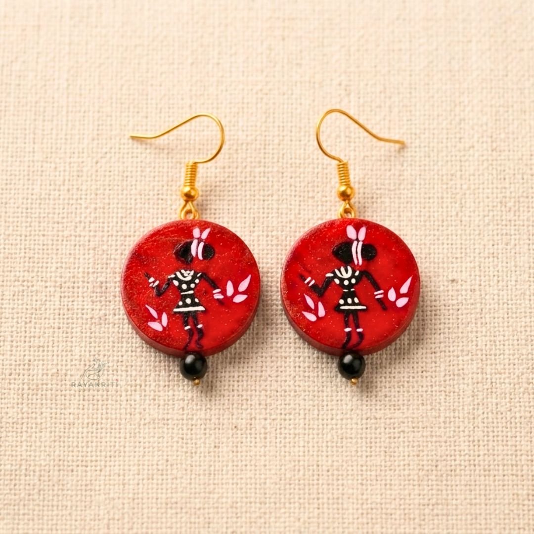 Hand Painted Warli Art Terracotta Necklace & Earrings Set (Red) - Image 3