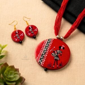 Hand Painted Warli Art Terracotta Necklace & Earrings Set (Red)