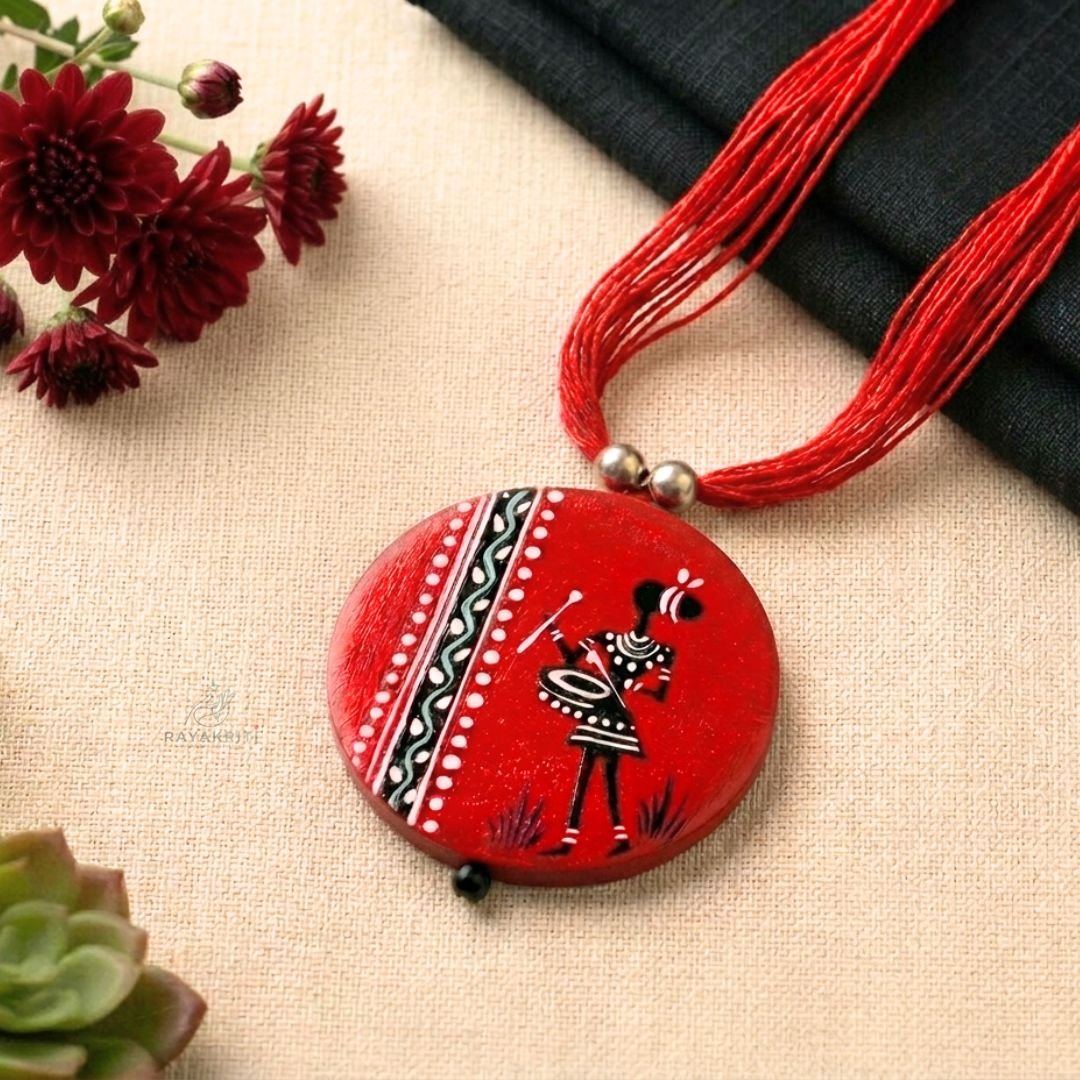 Hand Painted Warli Art Terracotta Necklace & Earrings Set (Red) - Image 2