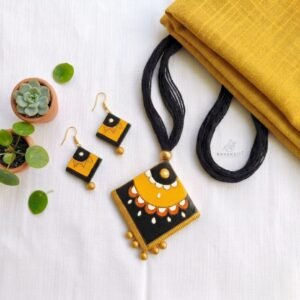 Beautiful Yellow And Black Terracotta Necklace With Earrings Set