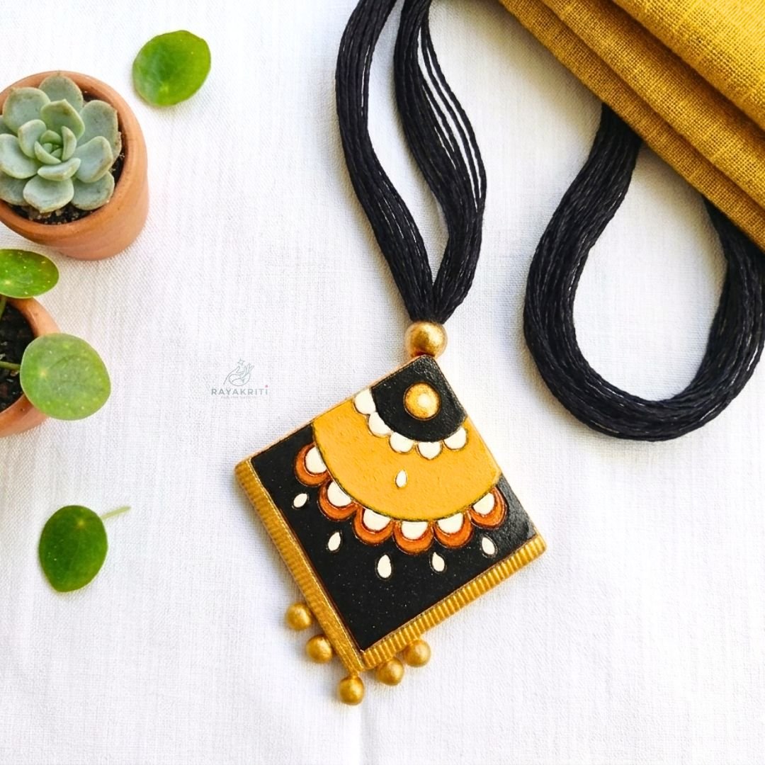Beautiful Yellow And Black Terracotta Necklace With Earrings Set - Image 2